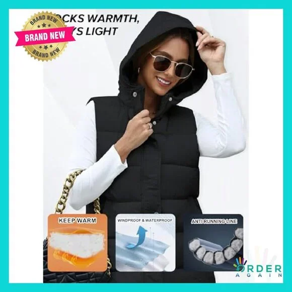 Long Hooded Puffer Vest Quilted Sleeveless Jacket Minimal Chic Winter Outerwear